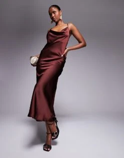 New Look Cowl Neck Satin Midi Dress In Brown For Women Chocolate