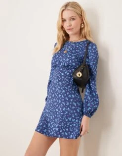 New Look Satin Floral Long Sleeve Mini Dress In Blue For Women Blue Pattern
