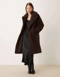 New Look Borg Long Coat In Chocolate For Women Brown