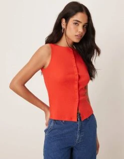 New Look Button Through Tank Top In Red For Women Bright Red