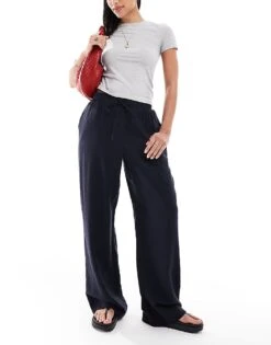 New Look Linen Wide Leg Trousers In Navy For Women