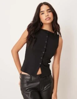 New Look Button Through Tank Top In Black For Women