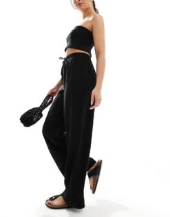 New Look Crinkle Wide Leg Trousers In Black For Women