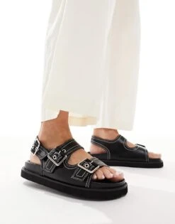 New Look Slingback Chunky Sandal With Contrast Stitch In Black For Women