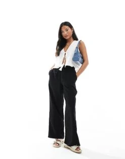 New Look Petite Linen Wide Leg Trousers In Black For Women