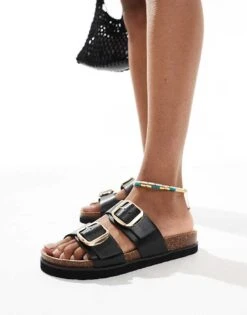New Look Double Strap Sandal With Buckles In Black For Women