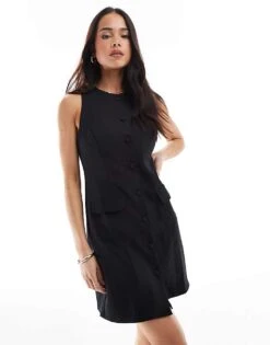 New Look Button Front Tailored Pinny Dress In Black For Women