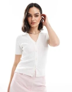 New Look Knitted Ribbed Polo Top In Off White For Women