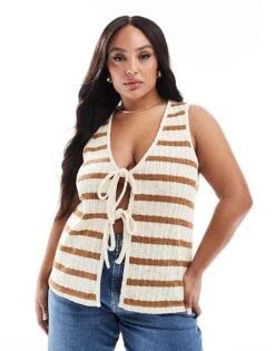 New Look Plus New Look Curve Tie Front Knitted Vest In Black And White Stripe For Women White Pattern