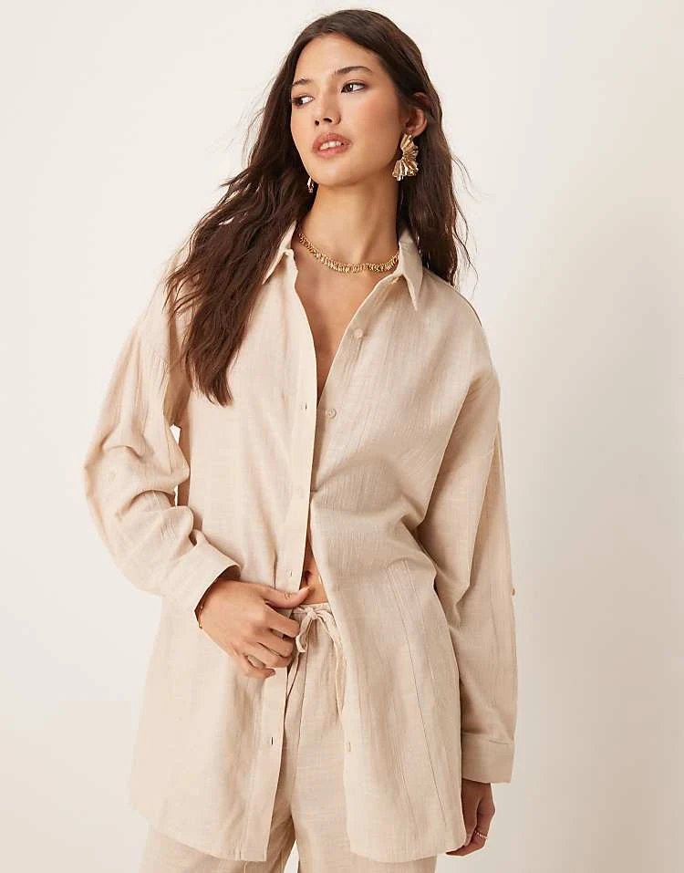 New Look Cotton Slub Shirt, Short & Trouser Co-ord In Cream - Image 2