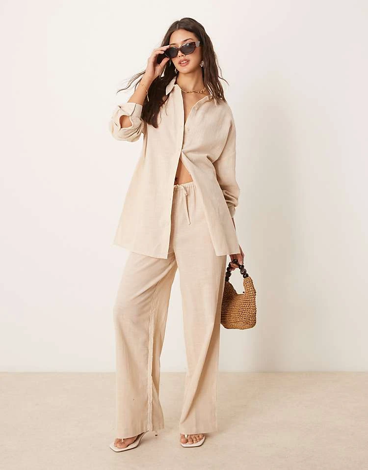 New Look Cotton Slub Shirt, Short & Trouser Co-ord In Cream