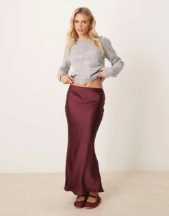 New Look Petite Satin Midi Bias Skirt In Burgundy For Women