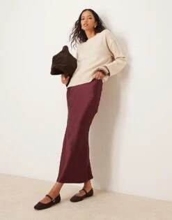 New Look Satin Midi Bias Skirt In Burgundy For Women