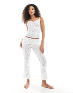 New Look Pyjama Wide Leg Trouser And Vest Set In Ditsy Floral For Women White Pattern