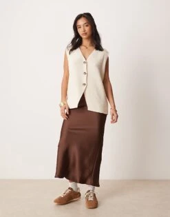 New Look Petite Satin Midi Bias Skirt In Brown For Women Grey