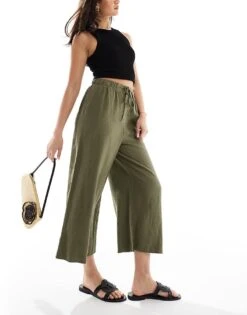 New Look Linen Cropped Trousers In Khaki For Women