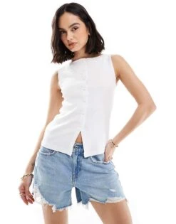 New Look Button Through Tank Top In White For Women