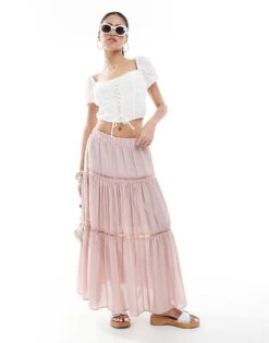 New Look Lace Insert Crinkle Tiered Midi Skirt In Pink For Women Mid Pink