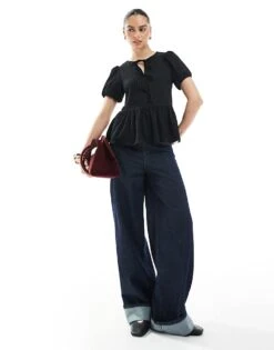 New Look Tie Front Peplum Top In Black For Women