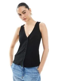 New Look Crinkle Jersey Button Front Waistcoat In Black For Women