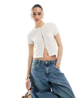 New Look Lace Button Front Crop Top In Cream For Women