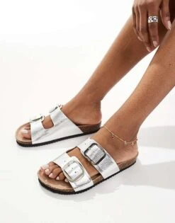 New Look Double Strap Sandal With Buckles In Silver For Women