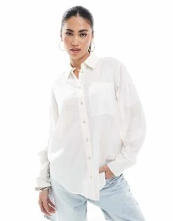 New Look Long Sleeve Linen Shirt In White For Women