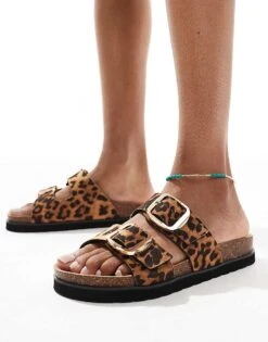 New Look Double Strap Sandal With Buckles In Leopard For Women Stone