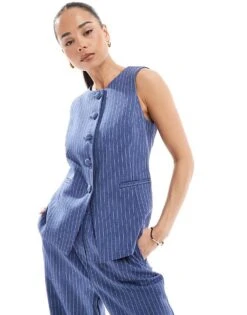 New Look Co-ord Denim Look Stripe Waistcoat In Blue For Women Blue Pattern