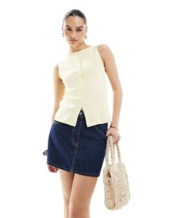 New Look Button Through Tank Top In Yellow For Women Light Yellow