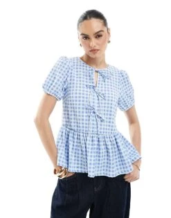 New Look Tie Front Peplum Top In Blue Gingham For Women Blue Pattern