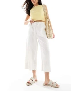 New Look Linen Cropped Trousers In White For Women