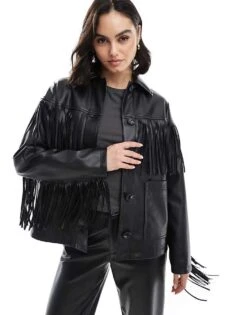 New Look Fringe PU Jacket In Black For Women