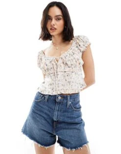 New Look Tie Front Pintuck Milkmaid Top In Floral Print For Women Cream Pattern