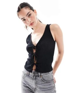 New Look Tie Front Jersey Vest In Black For Women