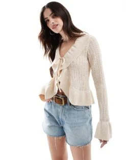 New Look Frill Detail Cardigan In Cream For Women