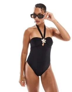 New Look Floral Trim Halterneck Swimsuit In Black For Women