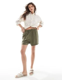 New Look Linen Pull On Short In Khaki For Women