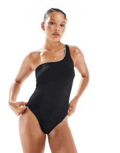 New Look Blanket Stitch One Shoulder Swimsuit In Black For Women