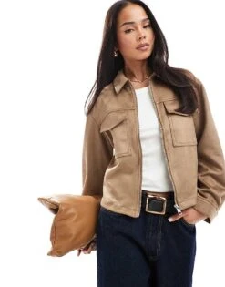 New Look Suedette Zip Through Jacket In Tan For Women