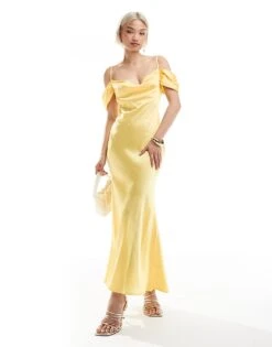 New Look Bardot Satin Midaxi Dress In Yellow For Women Light Yellow
