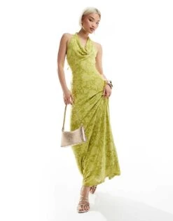 New Look Jacquard Halter Midi Dress In Bright Green For Women