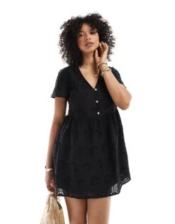New Look Broderie Smock Mini Dress In Black For Women