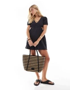 New Look Stripe Weave Tote Bag In Black And Stone For Women