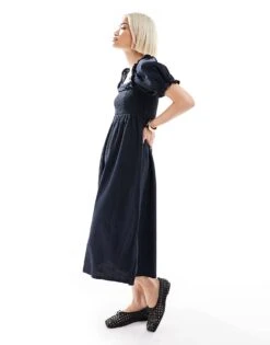 New Look Wide Fit New Look Puff Sleeve Milkmaid Dress In Navy For Women