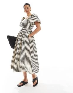 New Look Puff Sleeve Milkmaid Midi Dress In Cream Stripe For Women Cream Pattern