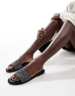 New Look Raffia Slider In Black For Women Black Pattern