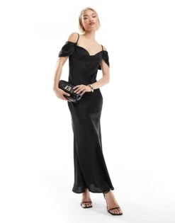 New Look Bardot Sleeve Satin Midaxi Dress In Black For Women