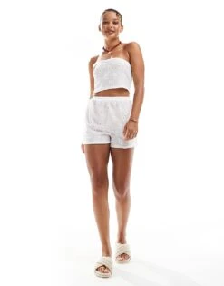 New Look Broderie Shirred Crop Top & Short Co-ord In White