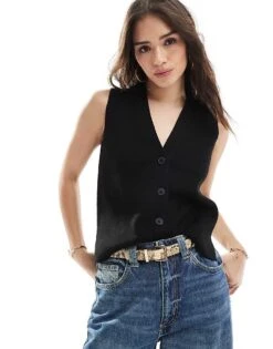 New Look Button Down Knitted Waistcoat In Black For Women
